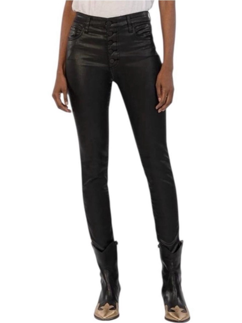 Kut from the Kloth Black Coated Skinny Jeans with Button-Front